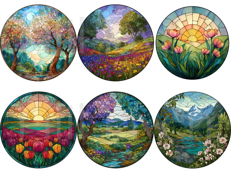 May include: Six round stained glass designs featuring landscapes. Each design showcases a different scene, including trees, flowers, mountains, and sunsets. The color palettes vary, with vibrant blues, greens, pinks, and yellows dominating the artwork.