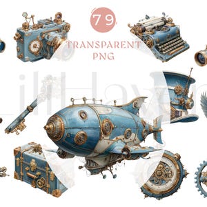 May include: A collection of steampunk-style illustrations featuring various objects. Includes a blue and gold airship, camera, typewriter, telescope, and other mechanical elements. The image has a transparent PNG background.
