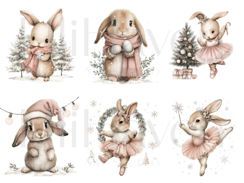 Winter Bunny Clipart | 70 PNG Watercolor Christmas Rabbit Illustrations ...