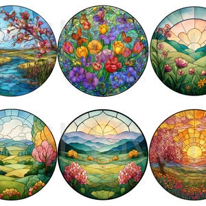 May include: Six round stained glass designs featuring nature scenes. The designs include landscapes with rivers, flowers, butterflies, and sunsets. The color palette includes blues, greens, yellows, oranges, and purples, creating a vibrant and artistic aesthetic.