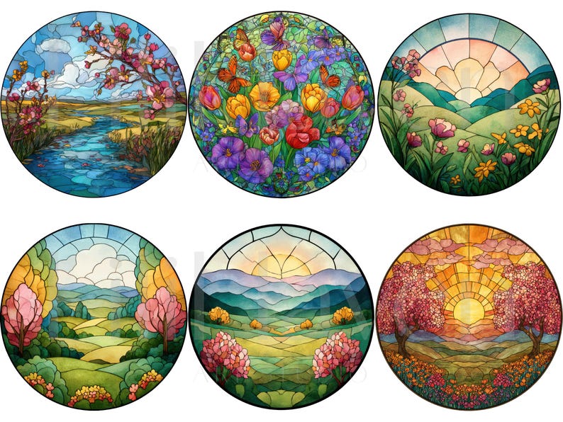 May include: Six round stained glass designs featuring nature scenes. The designs include landscapes with rivers, flowers, butterflies, and sunsets. The color palette includes blues, greens, yellows, oranges, and purples, creating a vibrant and artistic aesthetic.