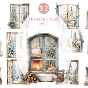 Peut inclure: Illustrations à l'aquarelle de différentes fenêtres avec des scènes d'hiver. Certaines fenêtres représentent des paysages enneigés, d'autres des intérieurs chaleureux avec des arbres de Noël et des cheminées. L'image comprend le texte "32 Transparent PNG".