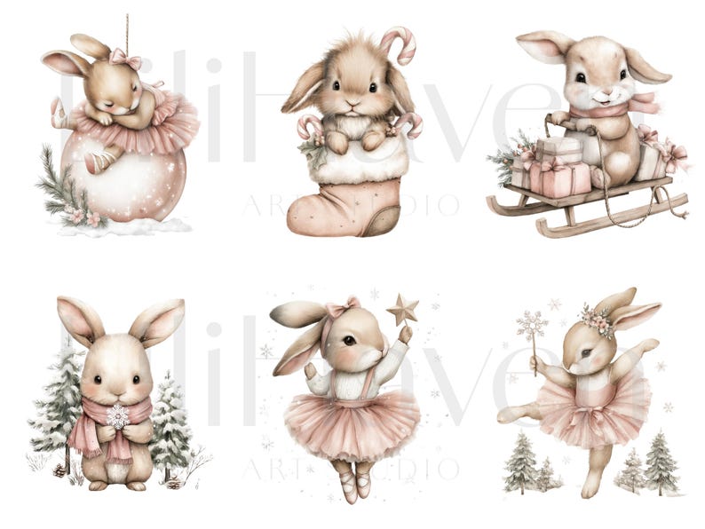 Winter Bunny Clipart | 70 PNG Watercolor Christmas Rabbit Illustrations ...