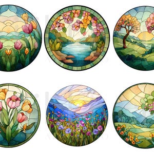 May include: Six round stained glass designs featuring watercolor landscapes. Each design showcases a different scene, including flowers, trees, mountains, and bodies of water. The color palette includes blues, greens, yellows, and pinks.
