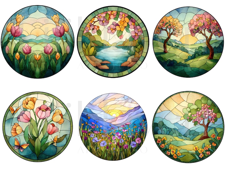 May include: Six round stained glass designs featuring watercolor landscapes. Each design showcases a different scene, including flowers, trees, mountains, and bodies of water. The color palette includes blues, greens, yellows, and pinks.