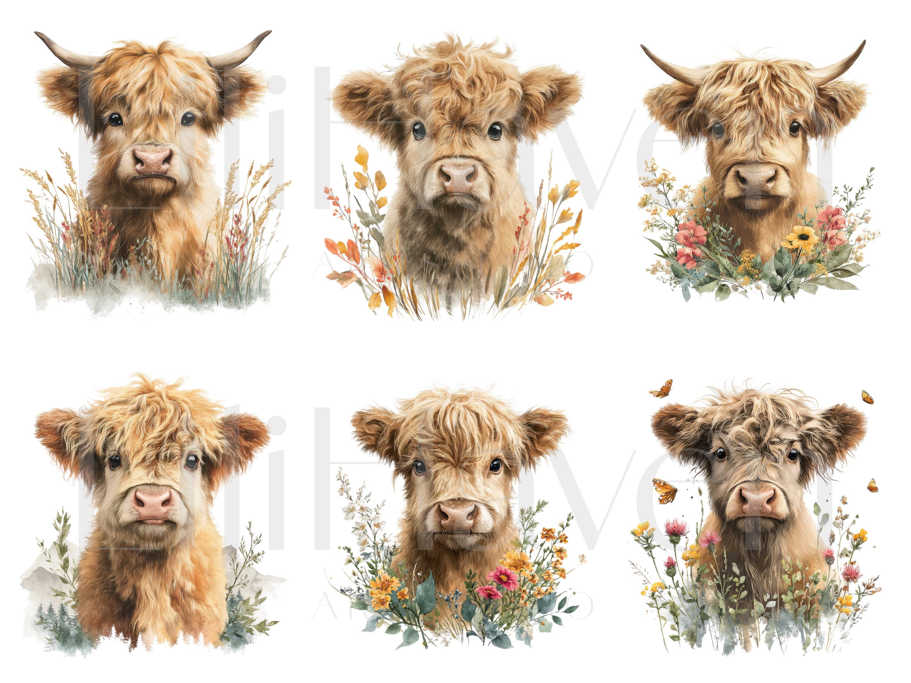 Highland Cow Watercolor Clipart Set, Cute Baby Highland Cattle PNG ...
