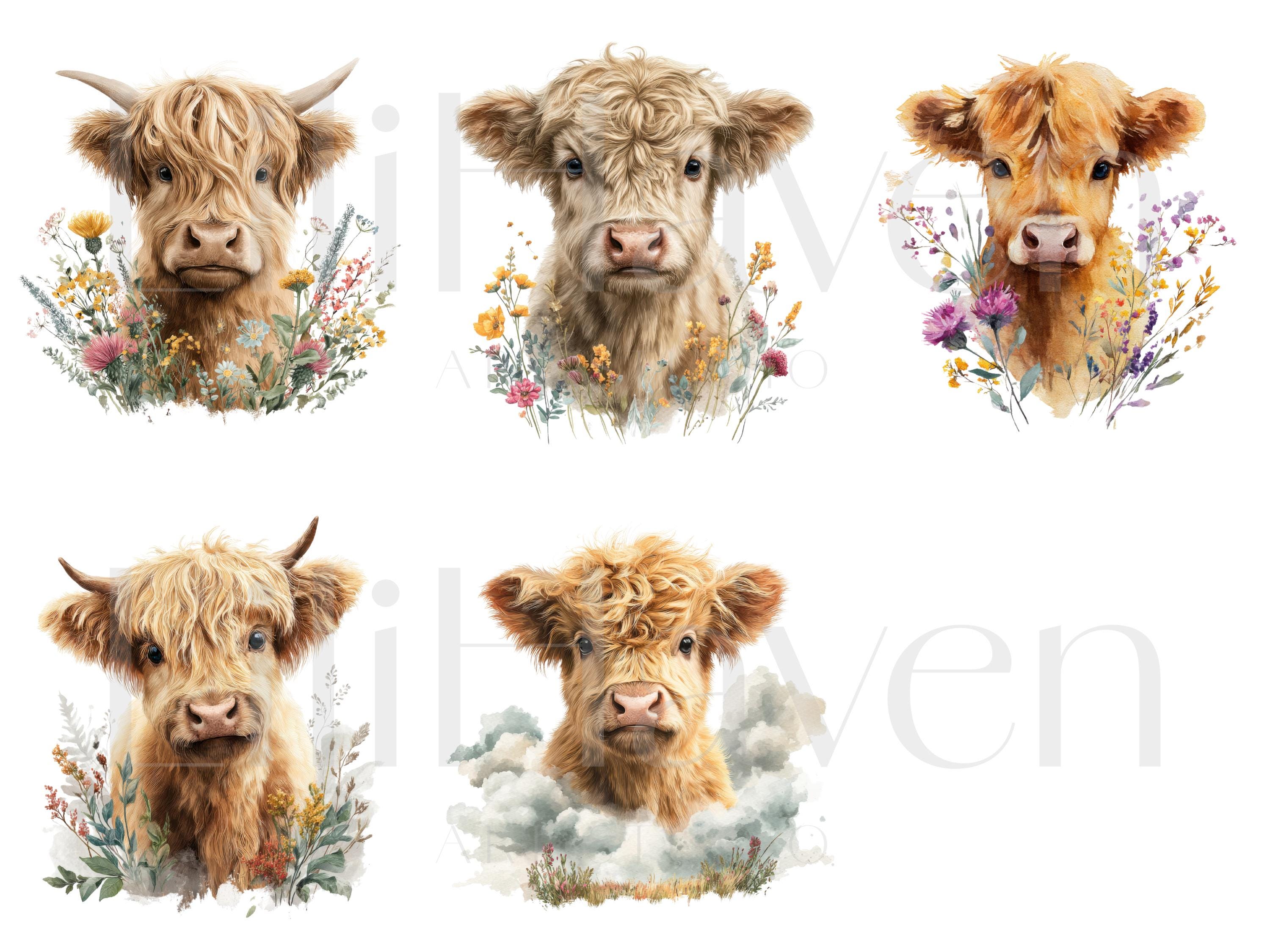 Highland Cow Watercolor Clipart Set, Cute Baby Highland Cattle PNG ...