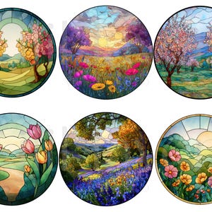 May include: Six round stained glass designs featuring colorful landscapes. Each design depicts a different scene, including flowering trees, fields of wildflowers, and rolling hills. The artwork uses a variety of colors, including pink, purple, yellow, and green.