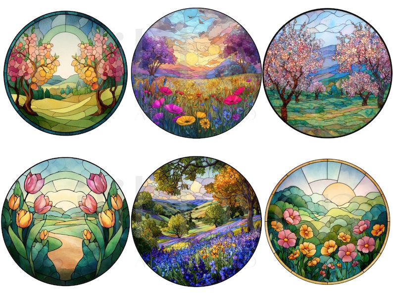May include: Six round stained glass designs featuring colorful landscapes. Each design depicts a different scene, including flowering trees, fields of wildflowers, and rolling hills. The artwork uses a variety of colors, including pink, purple, yellow, and green.