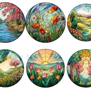 May include: A collection of six round stained glass designs featuring colorful landscape scenes. The designs include a river scene with cherry blossoms, a field of poppies and daisies, and a rolling hills landscape. Other designs include a sunset over a field of tulips and a forest scene.