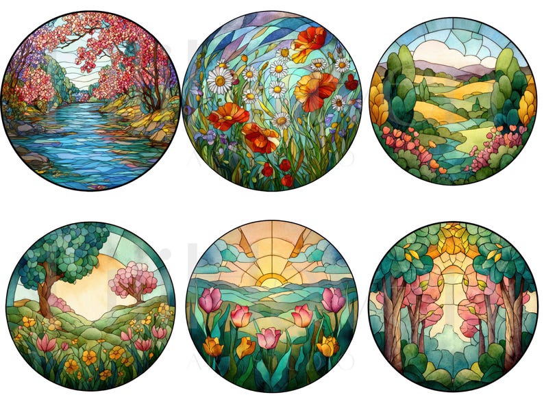 May include: A collection of six round stained glass designs featuring colorful landscape scenes. The designs include a river scene with cherry blossoms, a field of poppies and daisies, and a rolling hills landscape. Other designs include a sunset over a field of tulips and a forest scene.