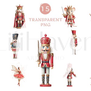Könnte beinhalten: Aquarellillustrationen verschiedener Nussknacker-Charaktere, darunter Soldaten, ein Mäusekönig und eine Ballerina. Die Bilder sind im transparenten PNG-Format, mit der Zahl 15 und dem Text "TRANSPARENT PNG" in einem rosa Kreis.