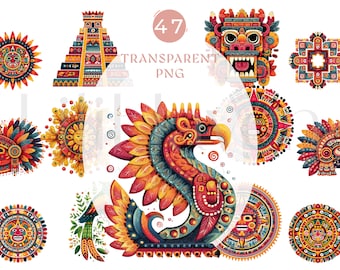 Aztec & Mexican Tribal Clipart • 47 PNG • Quetzalcoatl, Sun Symbols, Warrior Masks Calendar Art • Colorful Mexico Designs