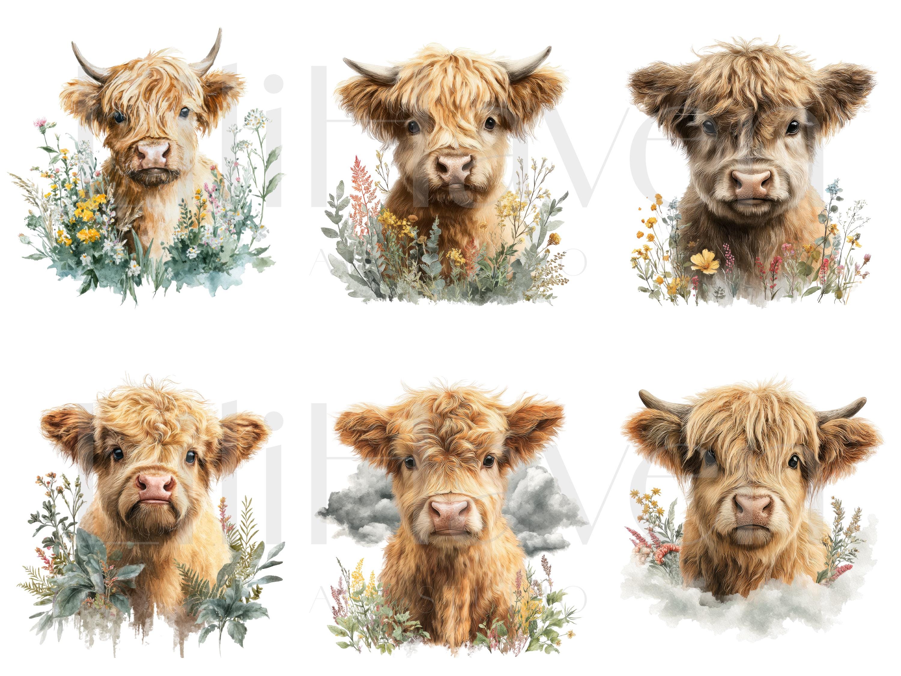 Highland Cow Watercolor Clipart Set, Cute Baby Highland Cattle PNG ...