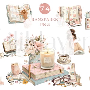 Op de afbeelding: Waterverfillustraties van briefpapier, tijdschriften en accessoires. De afbeelding bevat pennen, potloden, notitieboekjes en een kaars. De tekst "74 TRANSPARENT PNG" wordt weergegeven in een roze cirkel. Het thema is planning en organisatie.