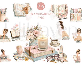 Planner Girl Clipart Set | Cozy Desk Illustrations & Journal Aesthetic PNG | Feminine Watercolor Workspace Art
