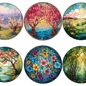 May include: Six round stained glass designs featuring nature scenes. The images include landscapes with trees, flowers, and butterflies. Colors include pink, blue, green, and yellow. The designs are framed with a dark border.