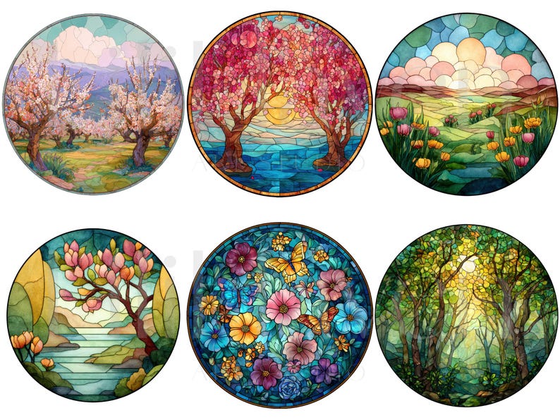 May include: Six round stained glass designs featuring nature scenes. The images include landscapes with trees, flowers, and butterflies. Colors include pink, blue, green, and yellow. The designs are framed with a dark border.