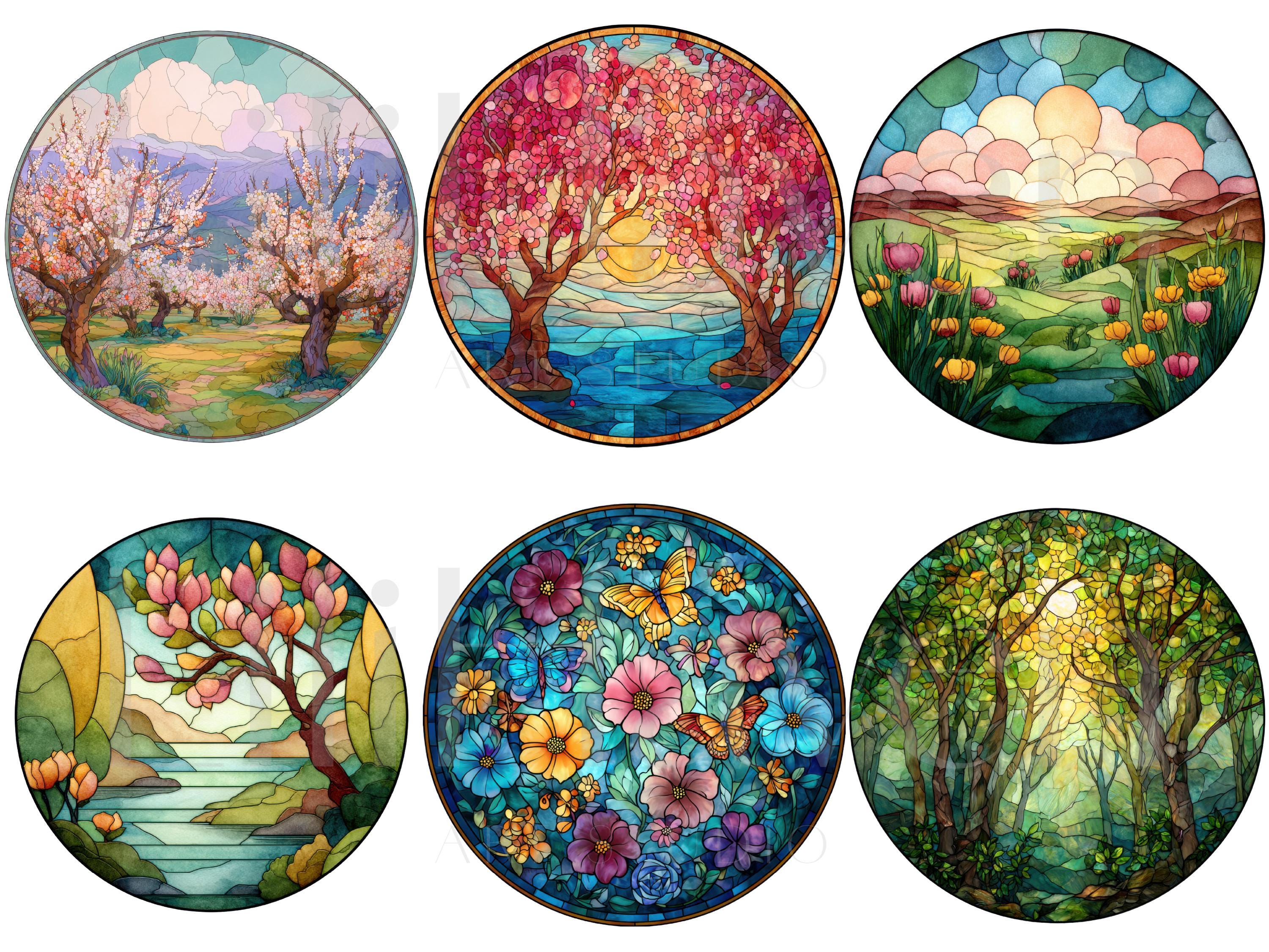 Round Spring Stained Glass Landscapes Clipart, Floral Nature ...