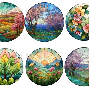 May include: A set of six round stained glass art pieces. Each piece features a different landscape scene, including flowering trees, rolling hills, and a sunrise. The color palette includes blues, greens, pinks, and yellows, creating a vibrant and artistic display.