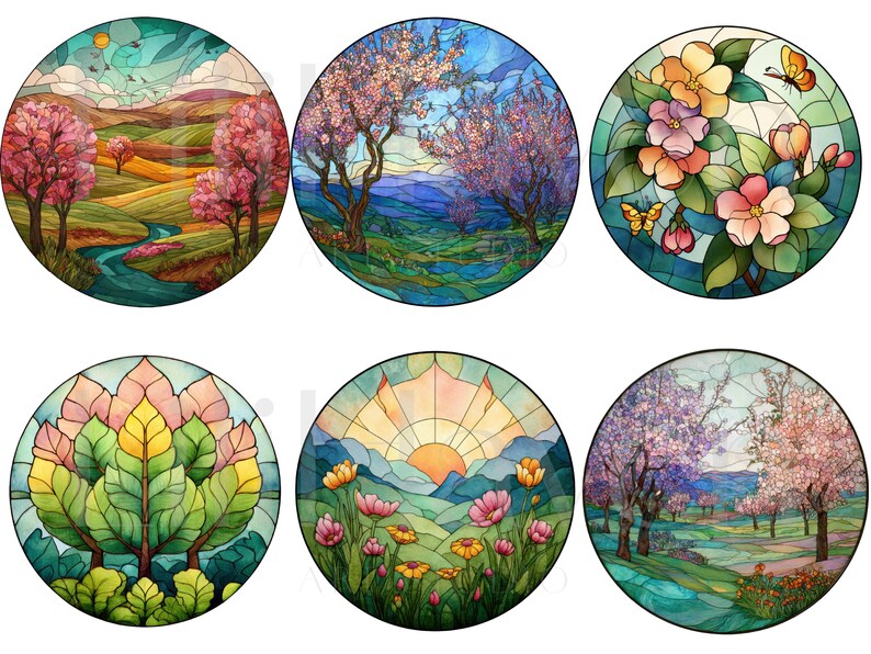 May include: A set of six round stained glass art pieces. Each piece features a different landscape scene, including flowering trees, rolling hills, and a sunrise. The color palette includes blues, greens, pinks, and yellows, creating a vibrant and artistic display.