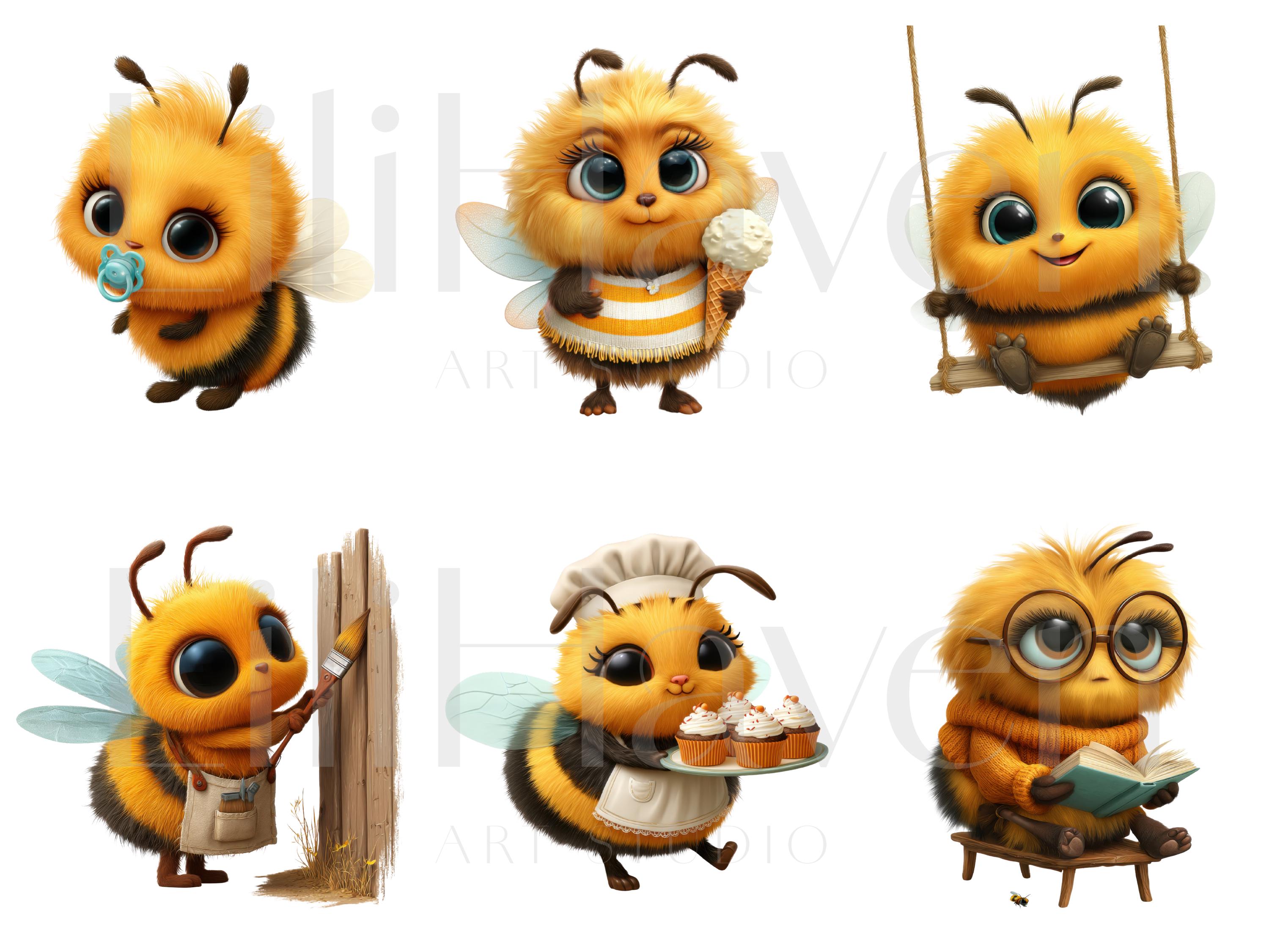 35 Cute Bee Clipart PNG Bundle, Kawaii Bumblebee Characters, 3D Cartoon ...