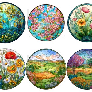 May include: Six round stained glass designs featuring nature scenes. The designs include a tree with yellow leaves, pink cherry blossoms, colorful flowers, red poppies and daisies, a landscape with rolling hills, and trees with purple foliage.