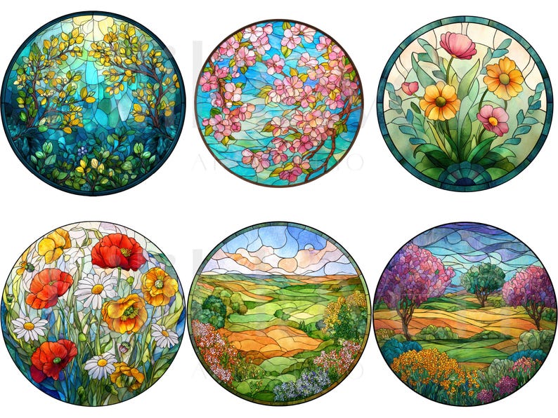May include: Six round stained glass designs featuring nature scenes. The designs include a tree with yellow leaves, pink cherry blossoms, colorful flowers, red poppies and daisies, a landscape with rolling hills, and trees with purple foliage.