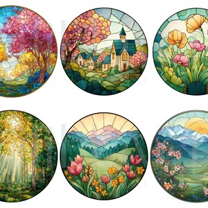 May include: A collection of six round stained glass designs featuring nature scenes. Each design showcases a different landscape, including forests, mountains, and floral arrangements, with vibrant colors and intricate details.