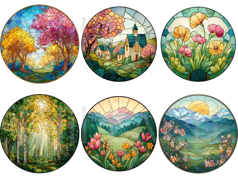 May include: A collection of six round stained glass designs featuring nature scenes. Each design showcases a different landscape, including forests, mountains, and floral arrangements, with vibrant colors and intricate details.
