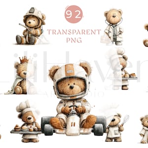 Puede incluir: Ilustraciones en acuarela de osos de peluche en varias profesiones, como bombero, médico y chef. Los osos están representados con trajes y accesorios detallados. La imagen incluye el texto "92 TRANSPARENT PNG", ideal para proyectos de arte digital.