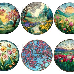 May include: A collection of six round stained glass designs featuring nature scenes. The images depict landscapes with trees, flowers, and butterflies, with a vibrant color palette of greens, blues, pinks, and yellows. Each design is framed with a dark border.