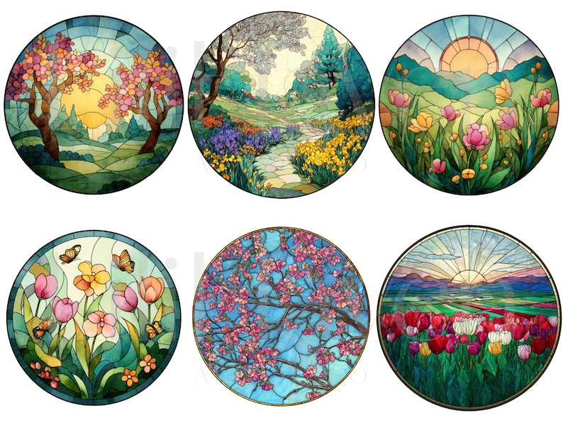 May include: A collection of six round stained glass designs featuring nature scenes. The images depict landscapes with trees, flowers, and butterflies, with a vibrant color palette of greens, blues, pinks, and yellows. Each design is framed with a dark border.
