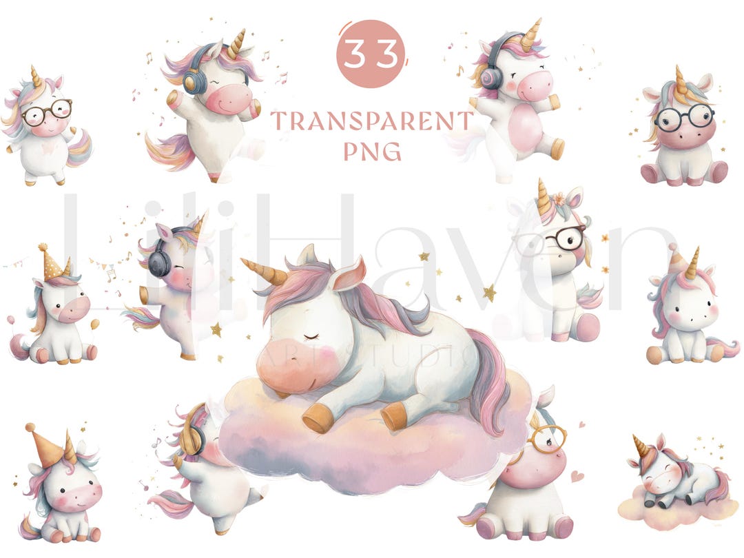 Cute Unicorn Watercolor Clipart | 33 PNG Bundle | Magical Fantasy ...