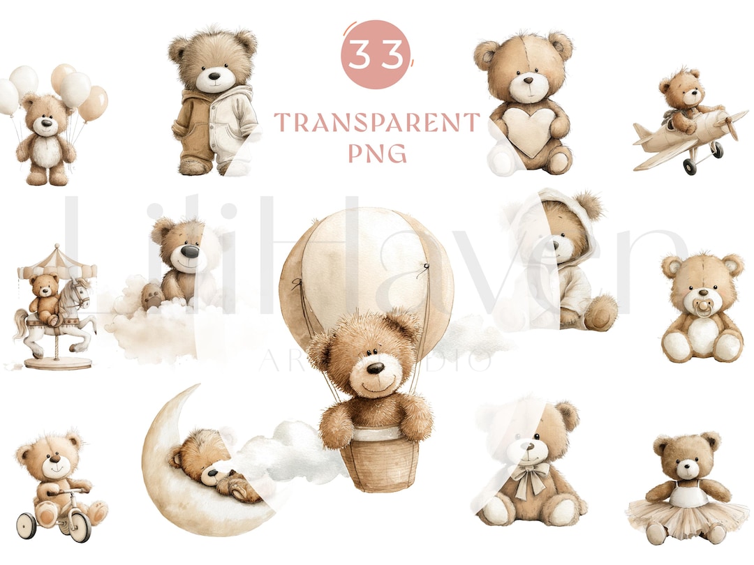 Baby Shower Neutral Beige Teddy Bear Clipart | 33 PNG Bundle | Gender ...