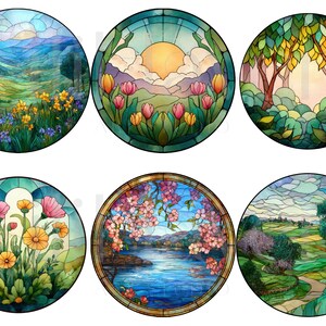 May include: Six round stained glass designs featuring nature scenes. The designs include landscapes with mountains, flowers, trees, and water. Each design has a different color palette, including blues, greens, yellows, and pinks. The designs are framed with a dark border.