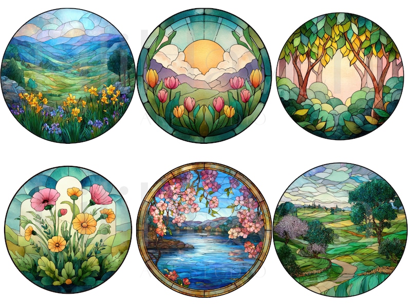 May include: Six round stained glass designs featuring nature scenes. The designs include landscapes with mountains, flowers, trees, and water. Each design has a different color palette, including blues, greens, yellows, and pinks. The designs are framed with a dark border.