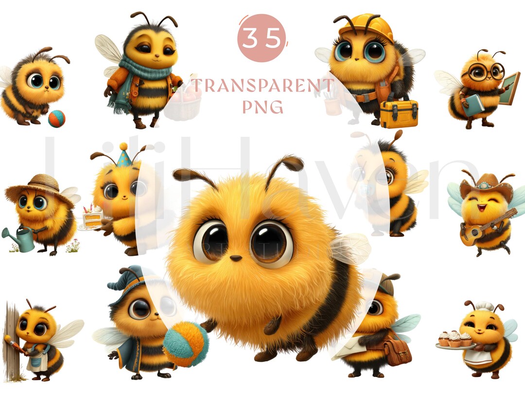 35 Cute Bee Clipart PNG Bundle, Kawaii Bumblebee Characters, 3D Cartoon ...