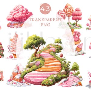 May include: Watercolor illustrations of a whimsical candy land. The image features various sweets, including a cake, lollipops, and a pathway made of candy. The text "43 TRANSPARENT PNG" is visible.