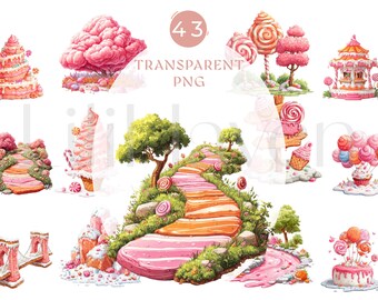 Candyland Scenery & Props Clipart • 43 PNG • Sweet Fantasy Landscapes, Trees, Paths and Treat Elements • Watercolor Candy World