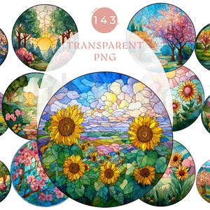 May include: A collection of round, stained-glass style digital art images. The images depict various landscapes, including sunflowers, trees, and bodies of water. The color palette includes blues, greens, yellows, and pinks. The text "TRANSPARENT PNG" is visible.