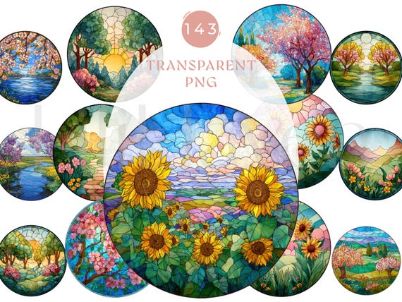 Round Spring Stained Glass Landscapes Clipart, Floral Nature Suncatchers, Circular Spring Views PNG