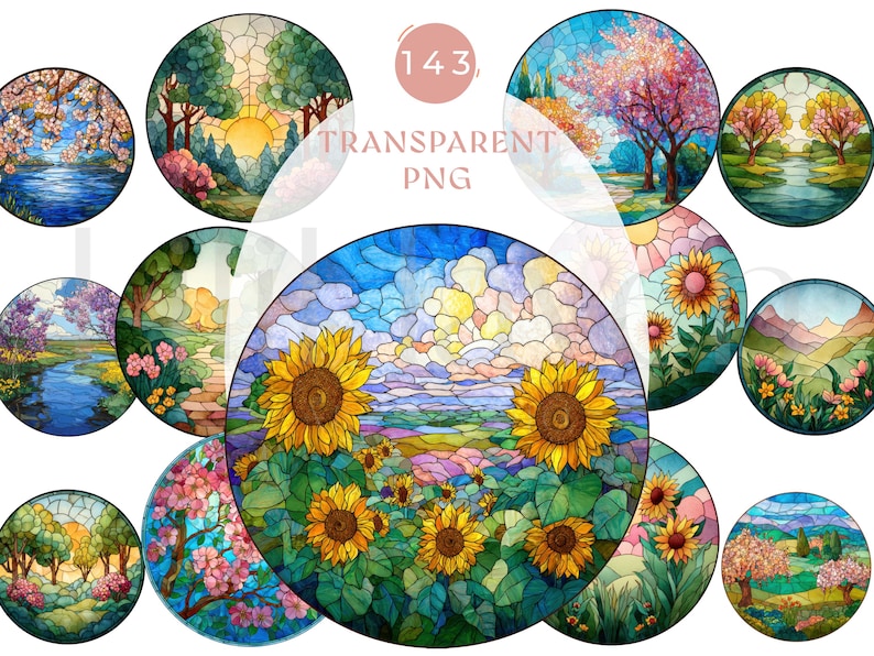 May include: A collection of round, stained-glass style digital art images. The images depict various landscapes, including sunflowers, trees, and bodies of water. The color palette includes blues, greens, yellows, and pinks. The text "TRANSPARENT PNG" is visible.