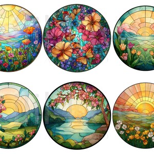 May include: Six round stained glass designs featuring landscape scenes. Each design showcases a different natural setting, including fields of flowers, butterflies, and sunsets. The artwork uses a variety of colors, including blues, yellows, oranges, and greens.
