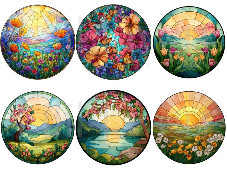 May include: Six round stained glass designs featuring landscape scenes. Each design showcases a different natural setting, including fields of flowers, butterflies, and sunsets. The artwork uses a variety of colors, including blues, yellows, oranges, and greens.