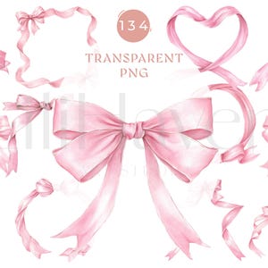 Può includere: Illustrazioni ad acquerello di nastri e fiocchi rosa in vari stili. L'immagine include un nastro a forma di cuore, un fiocco e diversi altri disegni di nastri. Il testo sull'immagine recita "TRANSPARENT PNG" e il numero "134".