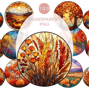 May include: A set of 100 transparent PNG images with stained glass designs. The images depict autumnal scenes with vivid colours, including landscapes, trees, and floral elements. The text "TRANSPARENT PNG" is visible.