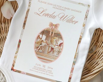 Baby Shower Invitation Coquette Bow Girl Vintage Carnival Horse Circus Theme Baroque Party Digital template invite download