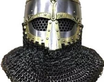 May include: A metallic helmet featuring a rounded dome with brass-colored vertical and horizontal bands, a central nose guard, and perforated eye openings. A dark, interlocking chainmail aventail is attached to the base, covering the neck area.