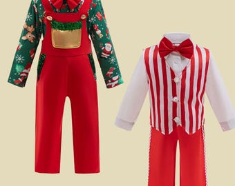 Baby Boy Christmas Outfit: Red Bowtie Striped Suspender Suit